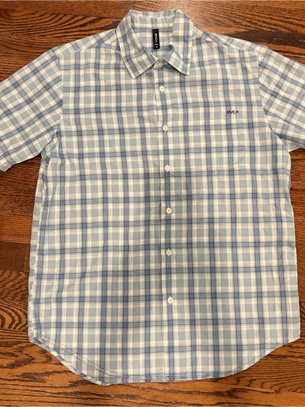 RVCA Light Blue and White Plaid Short Sleeve Button-Down Shirt